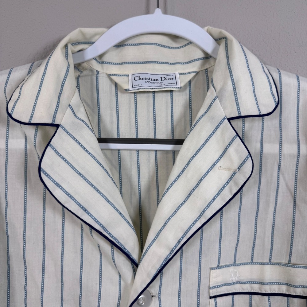 Christian Dior Monsieur Vintage Pajama Top Blue Striped Men's S Pocket Logo - Picture 3 of 6